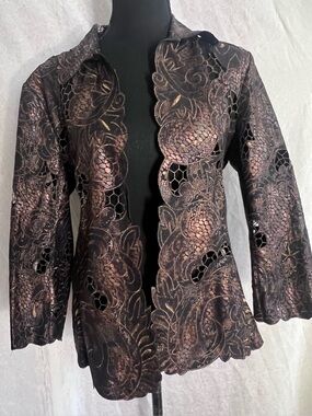 Chico's Black & brown Lace Jacket with Bronze Metallic Accents very unique